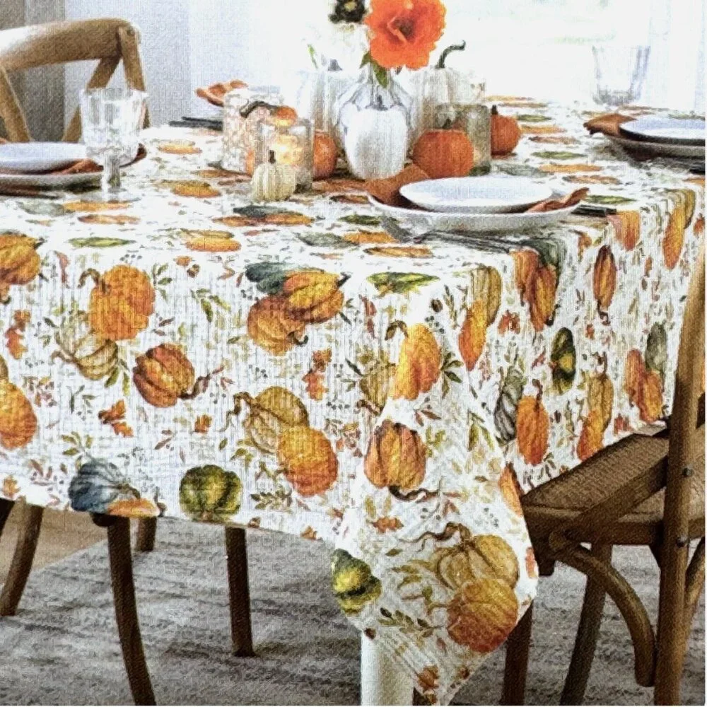 Rachel Ashwell Farmhouse Pumpkin Fall Leaves Tablecloth 60x120 Gauzy Cotton